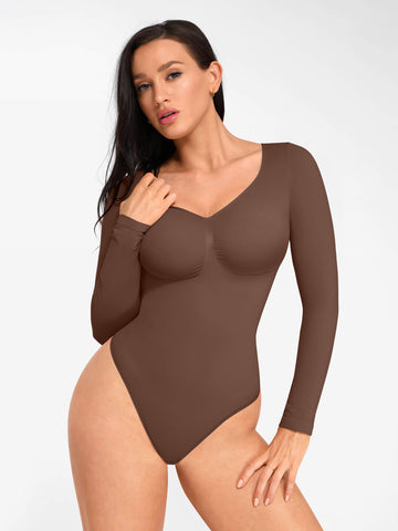 Seamless Long Sleeve Chest Support Tummy Control Thong Bodysuit