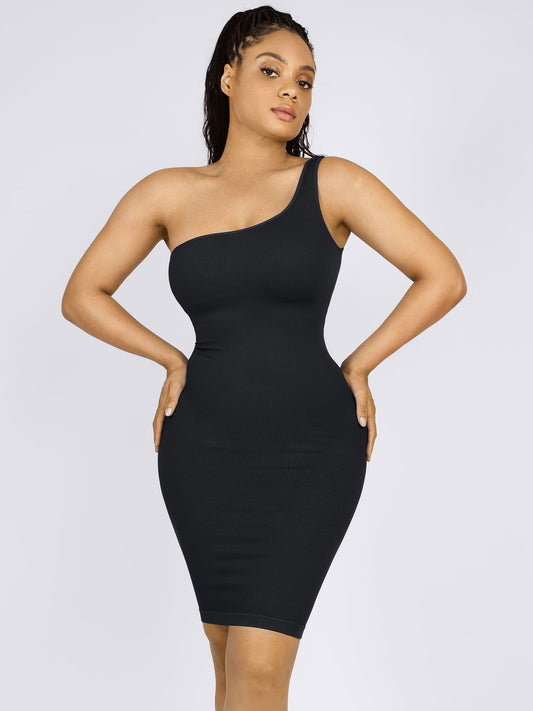 Seamless Eco-Friendly One-Shoulder Shaper Dress with Built-In Bra