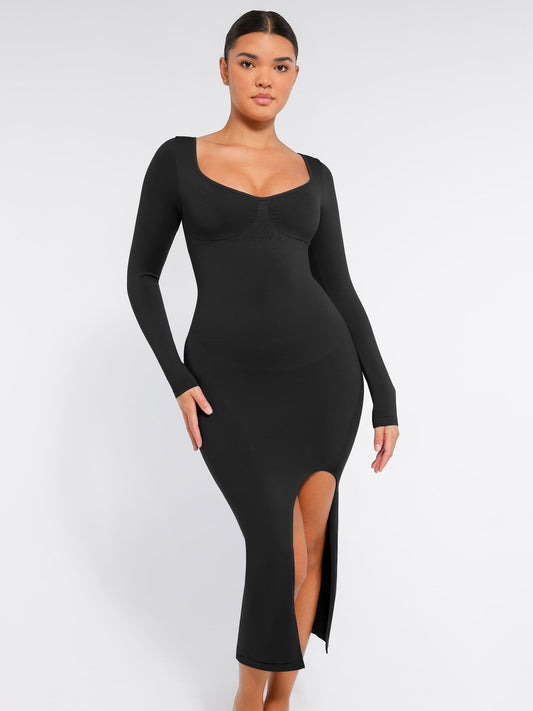 Seamless Long Sleeve Shaper Dress with Removable Pads and High Slit