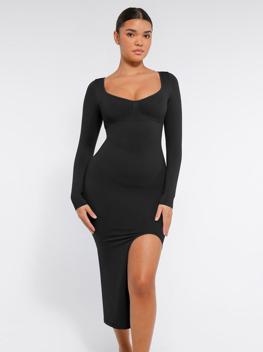 Seamless Long Sleeve Shaper Dress with Removable Pads and High Slit