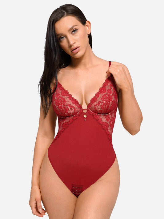 V Neck Elegant Lace Sculpting Thongs Bodysuit