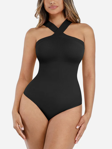 Seamless Crossover Halter Thong Bodysuit Shapewear for Everyday Wear