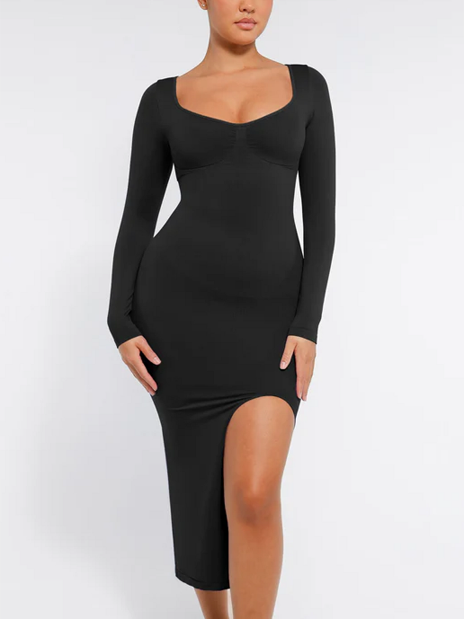 Seamless Long Sleeve Shaper Dress with Removable Pads and High Slit