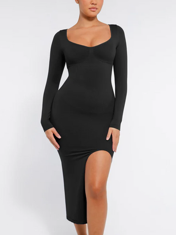 Seamless Long Sleeve Shaper Dress with Removable Pads and High Slit