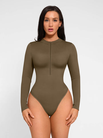 Seamless Long Sleeve Zipper Thong Bodysuit