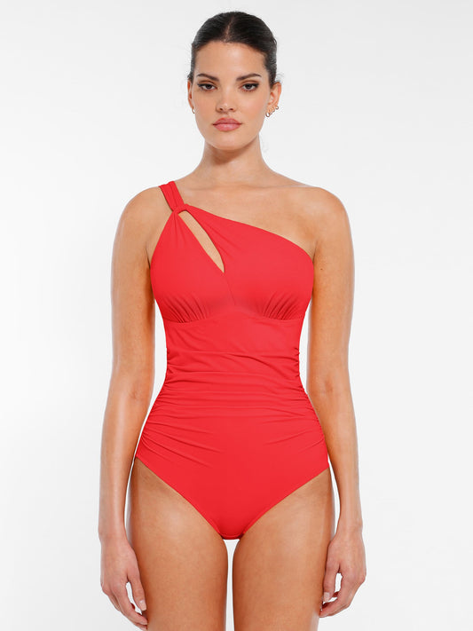 One-Shoulder Hollow-Out Tummy Control Swimsuit