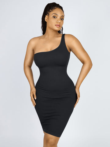 Seamless Eco-Friendly One-Shoulder Shaper Dress with Built-In Bra