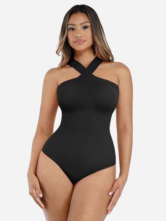 Seamless Crossover Halter Thong Bodysuit Shapewear for Everyday Wear