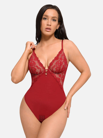 V Neck Elegant Lace Sculpting Thongs Bodysuit